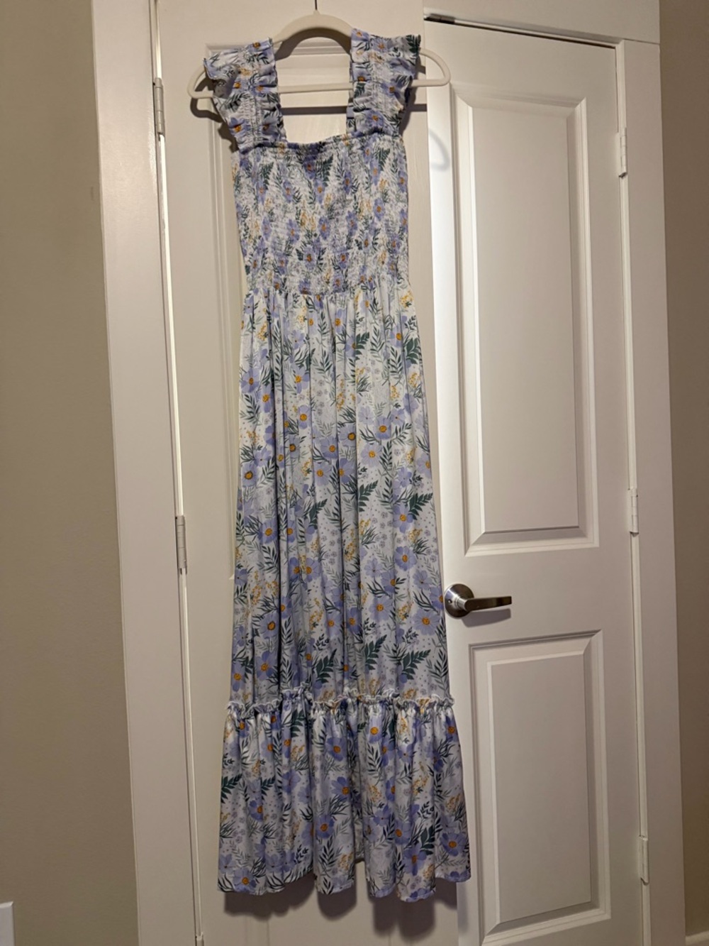 White Smocked Dress with Lavender Floral Print
